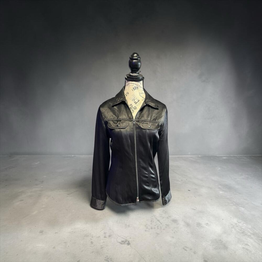 Guess Charcoal Gray Satin Full Zip Shirt Women’s Size S
